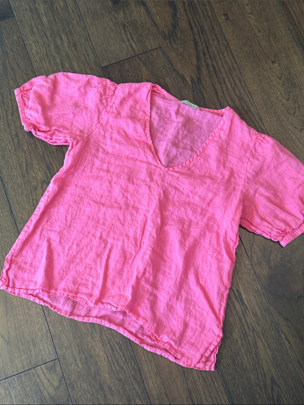 Stark X Pink V-Neck Linen Short Sleeve Top